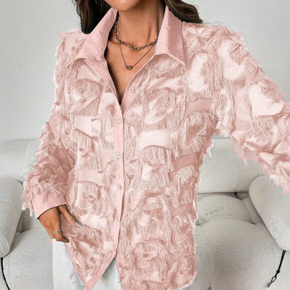 Baby Pink Casual Women's Ruffle Blouse With Fringe Detail - Picture 5 of 7